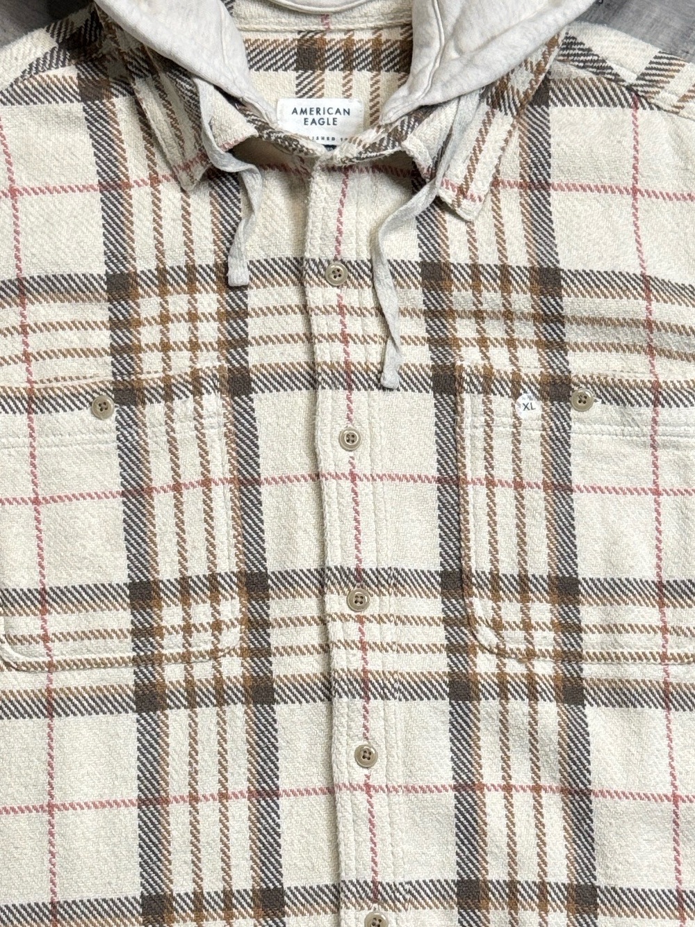 AMERICAN EAGLE HOODED FLANNEL SHIRT FROSTY CREAM PLAID BAJA BUTTON UP SHACKET - Picture 7 of 13